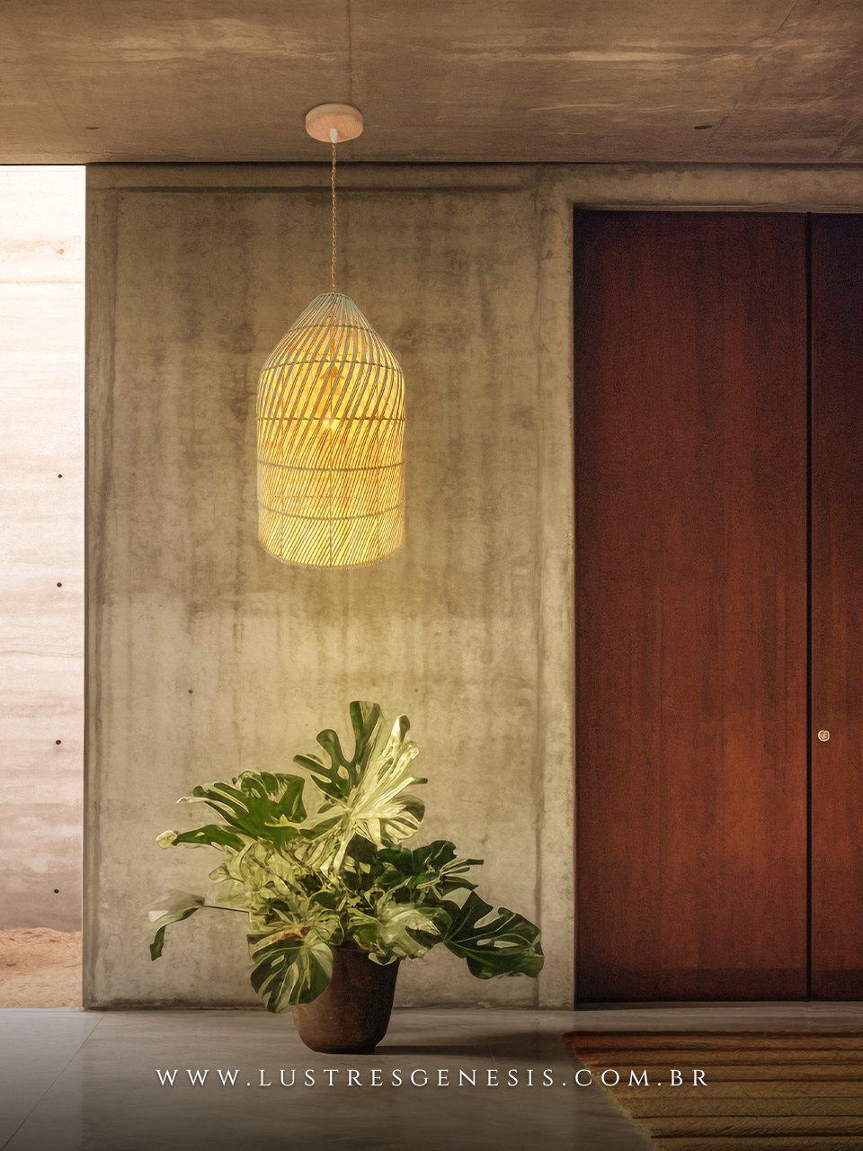 Pendente Gambier de 50cm em fibra natural de rattan iluminando hall de entrada moderno com parede de concreto, porta de madeira e planta decorativa.